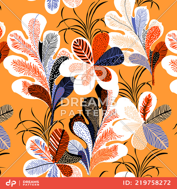 Seamless Colored Flowers with Leaves in Retro Style, Lined Art Pattern Ready for Textile.