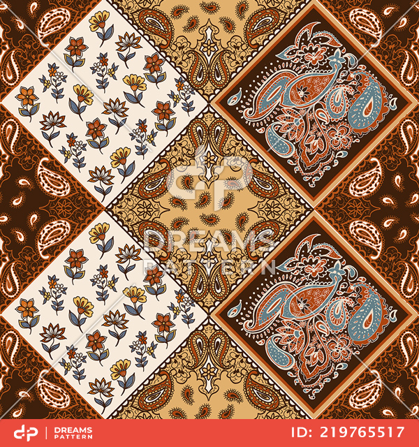 Seamless Geometric Pattern of Small Flowers with Paisley, Diamond Shapes Ready for Textile.