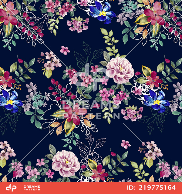 Seamless Colorful Small Flowers with Leaves. Modern Watercolor Floral Design on Darkblue.