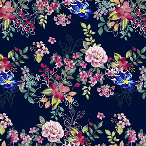 Seamless Colorful Small Flowers with Leaves. Modern Watercolor Floral Design on Darkblue.