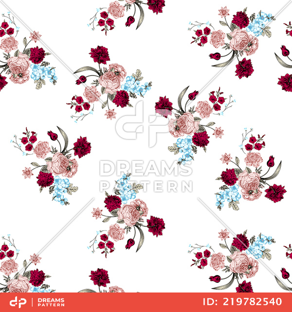 Seamless Colored Floral Pattern On White Background, Designed for Textile Prints.