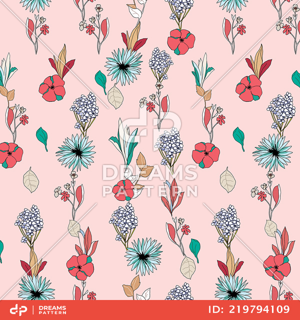 Cute Seamless Arrangement Flowers on Light Pink Background, Path for Textile Prints.