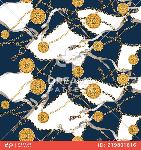 Trendy Seamless Pattern with Golden Chains and Belts on Darkblue and White Background.