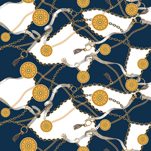 Trendy Seamless Pattern with Golden Chains and Belts on Darkblue and White Background.