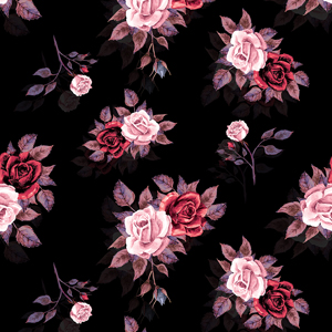 Beautiful Seamless Design with Colorful Watercolor Roses on Black Background.