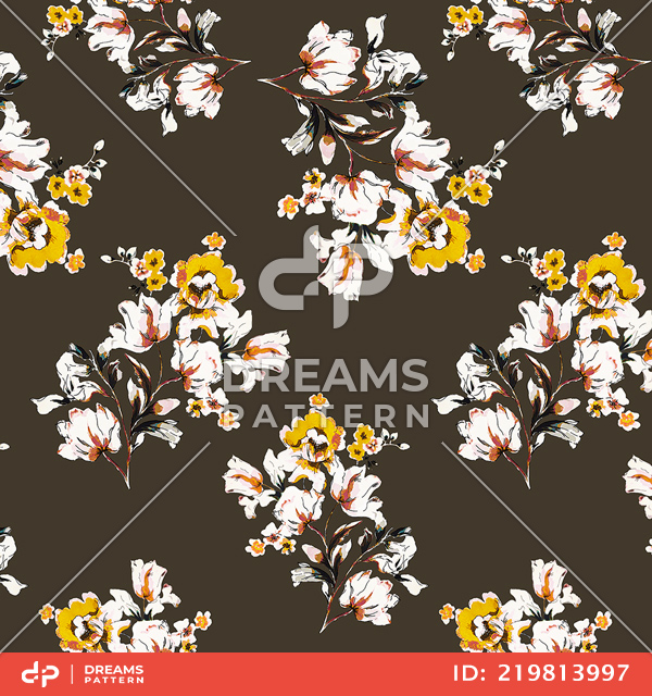 Seamless Hand Drawn Flowers with Leaves On Khaki, Designed for Fabric Textile.