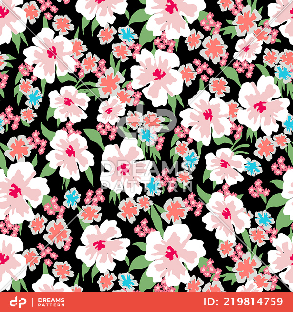 Multicolor Seamlees Flowers with Leaves, Designed for Textile Prints.