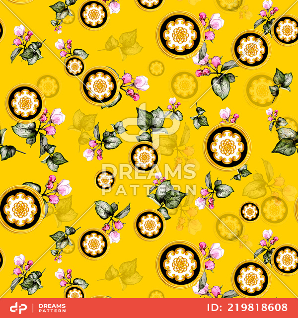 Seamless Golden Decorative Motif with Flowers on Yellow Background.