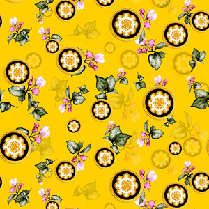 Seamless Golden Decorative Motif with Flowers on Yellow Background.