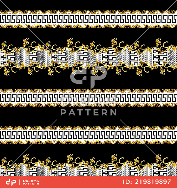 Seamless Pattern of Golden Baroque with Versace on Black Background.