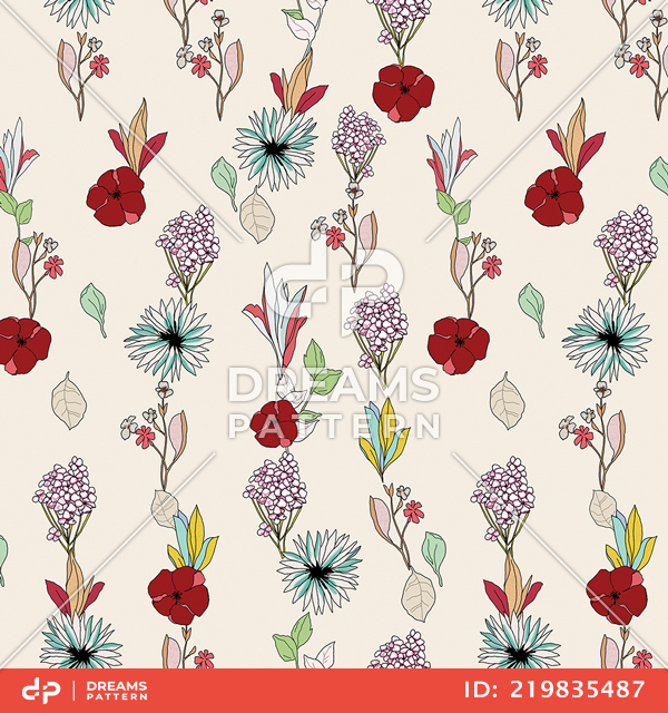 Cute Seamless Arrangement Flowers on Beige Background, Path for Textile Prints.