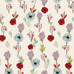 Cute Seamless Arrangement Flowers on Beige Background, Path for Textile Prints.