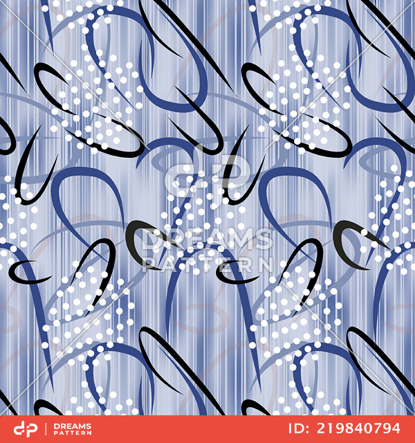 Seamless Modern Abstract Pattern, Colored Curves with Dots on Lined Background.