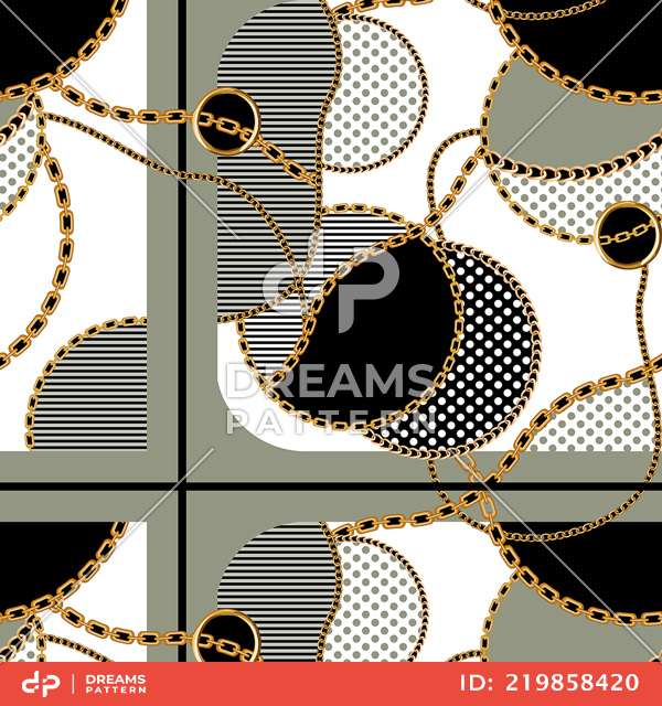 Seamless Colored Pattern with Golden Chains, Dots and Lines Patch for Textile Prints.