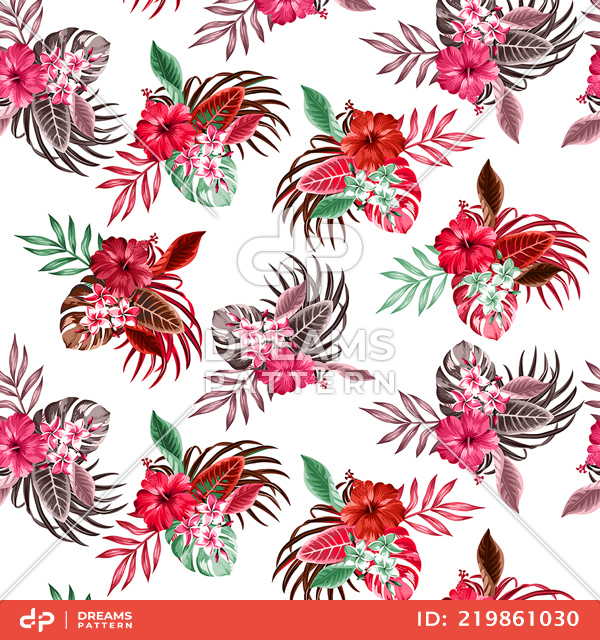 Seamless Exotic Tropical Flowers with Palm Leaves, Designed for Fabric Textile.