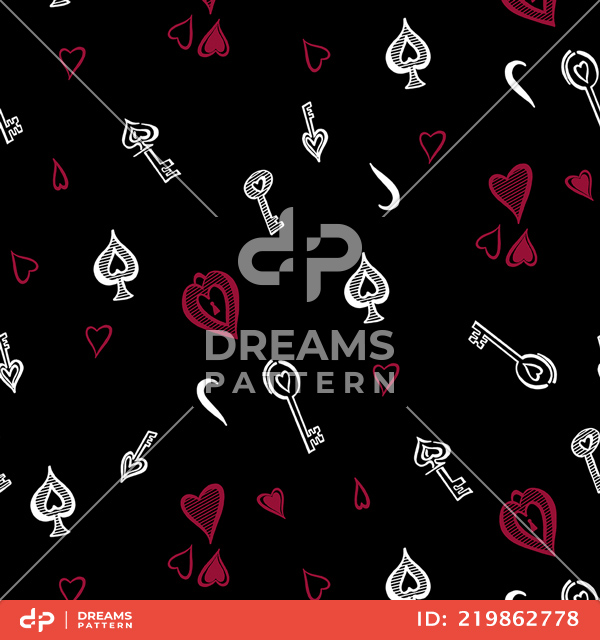 Seamless Pattern of Playing Cards Icons with Keys. Repeated Design for Textile Prints.