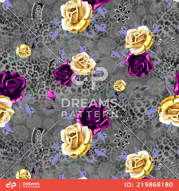 Fashion Seamless Leopard Print with Watercolor Roses on Gray Background.