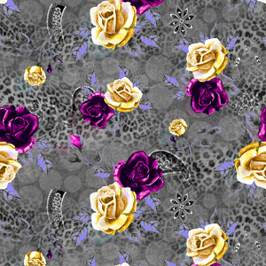 Fashion Seamless Leopard Print with Watercolor Roses on Gray Background.