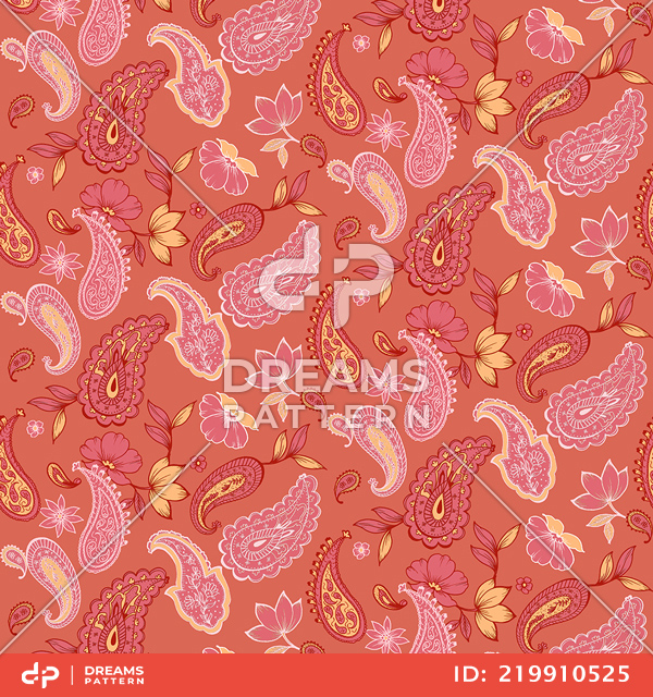 Seamless Paisley Pattern, Vintage Aztec Style on Coral Background.