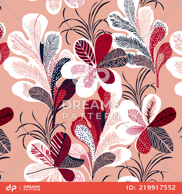 Seamless Colored Flowers with Leaves in Retro Style, Lined Art Pattern Ready for Textile.