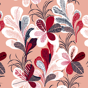 Seamless Colored Flowers with Leaves in Retro Style, Lined Art Pattern Ready for Textile.
