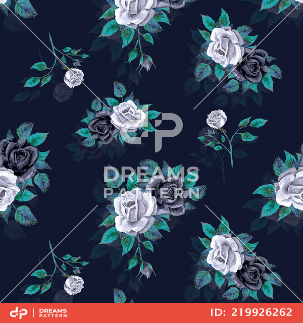 Beautiful Seamless Design of Big Watercolor Roses on Dark Blue Background.