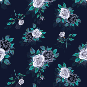 Beautiful Seamless Design of Big Watercolor Roses on Dark Blue Background.