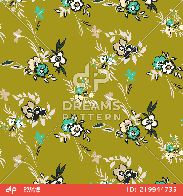 Seamless Floral Pattern, Beautiful Hand Drawn Flowers with Leaves on Olive Background.