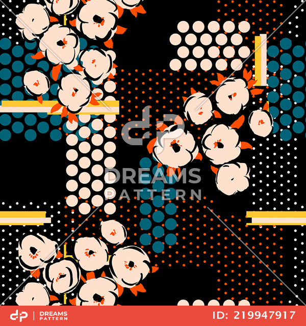 Seamless Flowers Pattern with Dots and Lines Ready for Textile Prints.