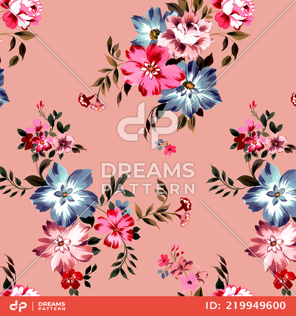Seamless Colored Flowers, Repeat Retro Style Floral, Vintage Pattern for Textile.