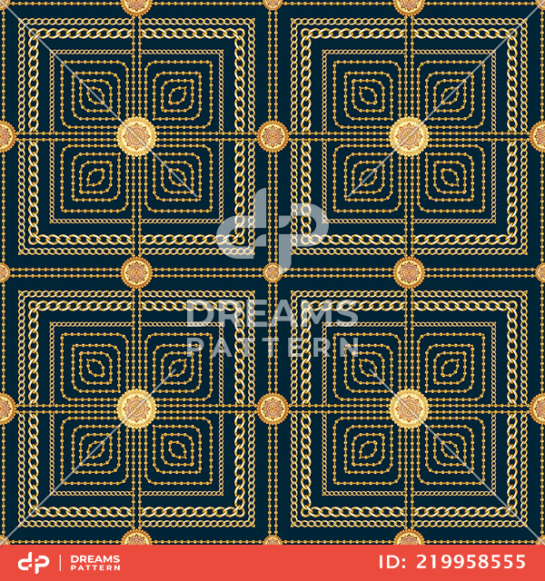 Seamless Golden Chains Pattern, on Dark Blue Background. Ready for Textile Print.