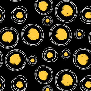 Seamless Pattern of Hand Drawn Circles with Paint Spots on Black Background.