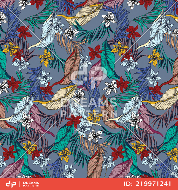 Seamless Vintage Floral Pattern with Leaves, Colorful Hand Drawn Tropical Leaves.