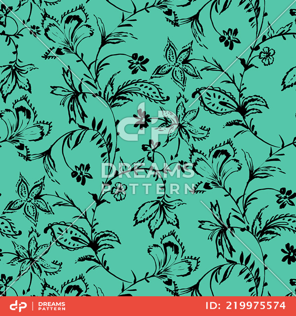 Seamless Hand Drawn Flowers with Leaves. Repeating Pattern on Mint Background.