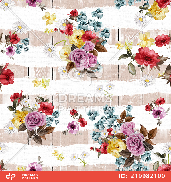 Seamless Beautiful Flowers Bouquet Pattern, with Striped Background.