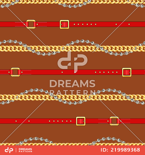 Seamless Pattern of Golden and Silver Chains with Belts, Designed for Textile Prints.