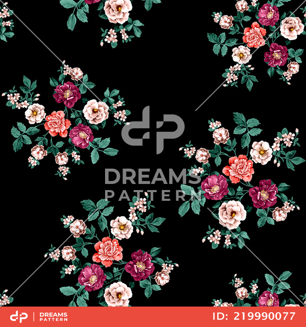 Seamless Pattern of Flowers and Leaves on Black Background, Designed for Textile Prints.