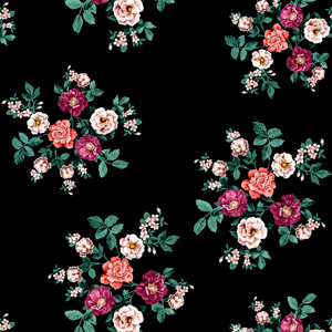 Seamless Pattern of Flowers and Leaves on Black Background, Designed for Textile Prints.