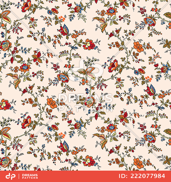 Seamless Floral Design with Leaves on Colored Background Ready for Textile Prints.