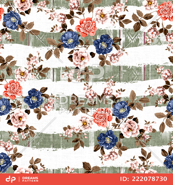 Seamless Floral and Leaves Pattern on Striped Background Ready for Textile Prints.