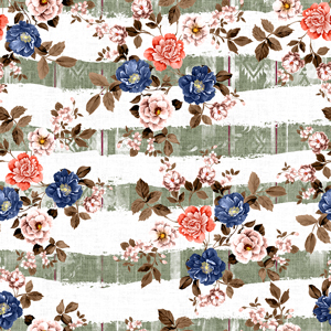 Seamless Floral and Leaves Pattern on Striped Background Ready for Textile Prints.