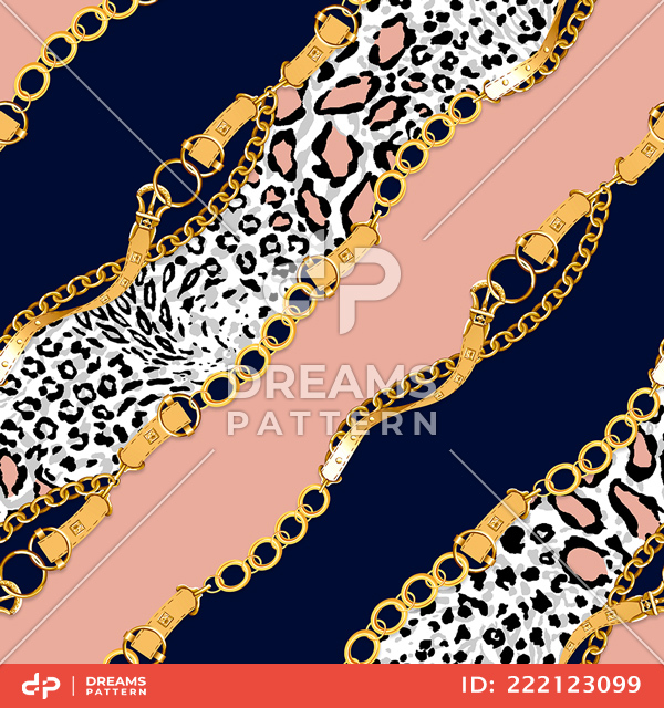 Seamless Pattern of Diagonal Golden Chains and Belts. Animal Skin Design for Textile Prints.