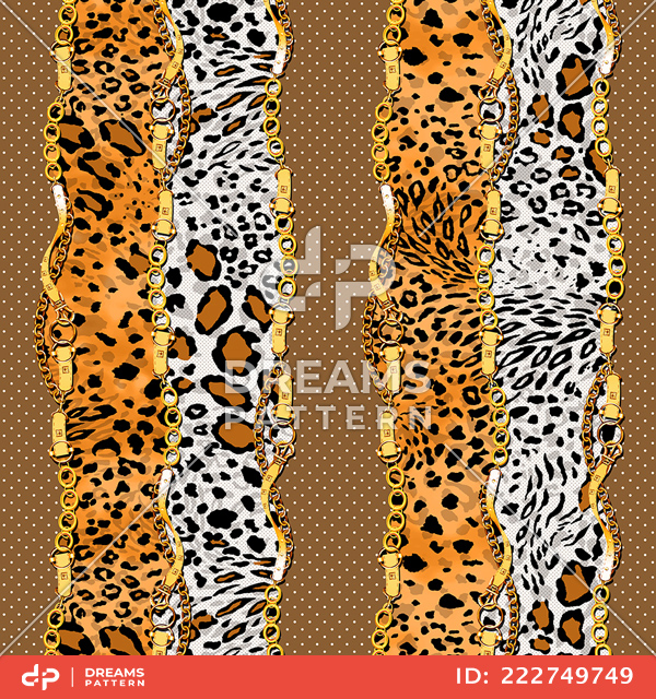 Seamless Pattern of Golden Chains and Belts with Dots and Animal Skin on Colored Background.