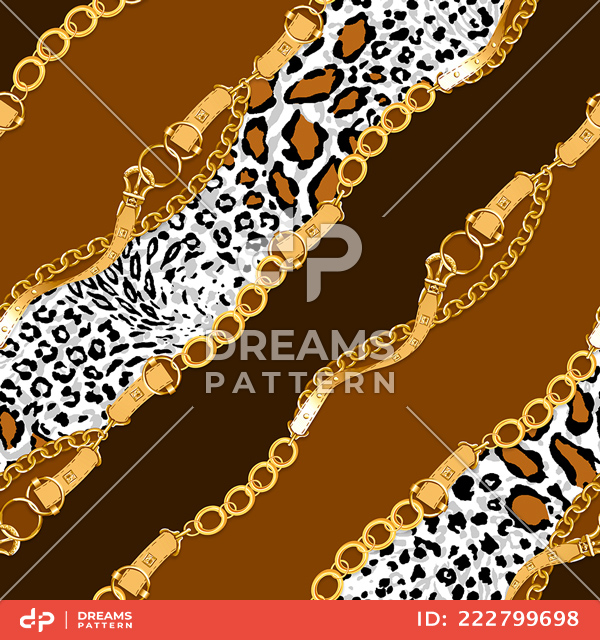 Seamless Pattern of Diagonal Golden Chains and Belts. Animal Skin Design for Textile Prints.