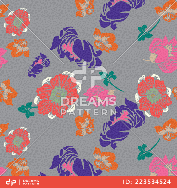 Seamless Colored Floral Design on Animal Skin Background.