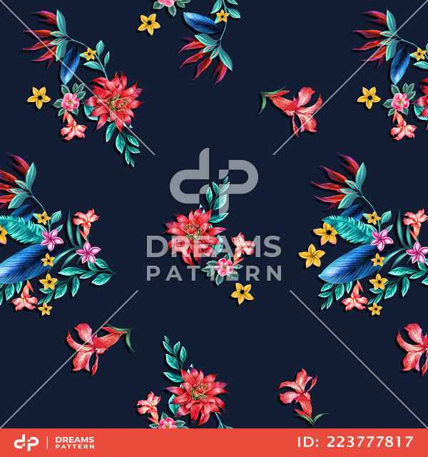 Seamless Flowers and Leaves Design on Colored Background, Ready for Textile Prints.