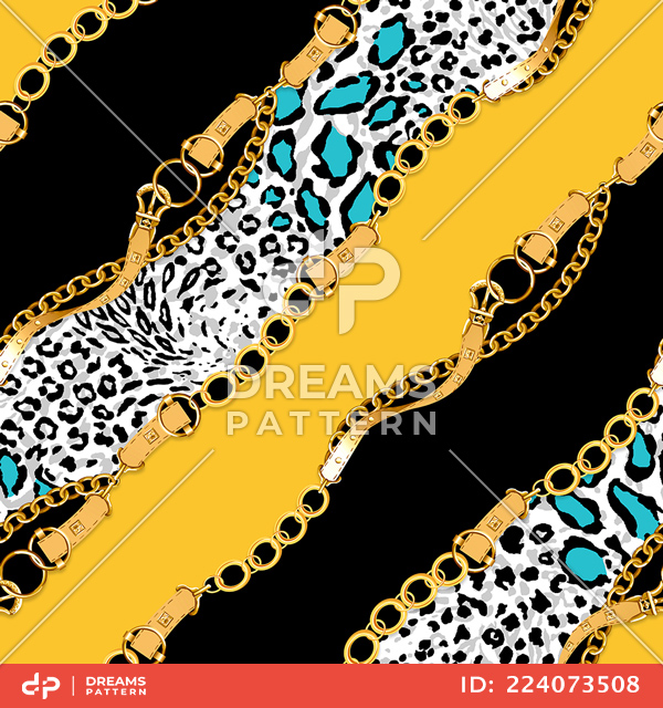 Seamless Pattern of Diagonal Golden Chains and Belts. Animal Skin Design for Textile Prints.