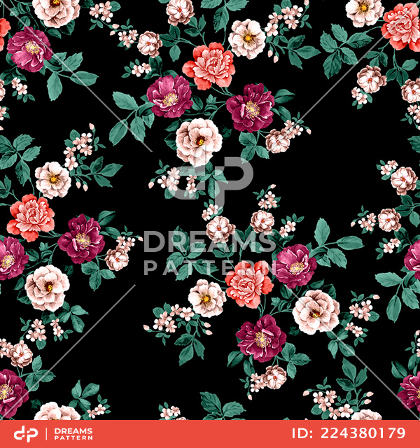 Seamless Pattern of Flowers with Leaves on Colored Background Ready for Textile Prints.