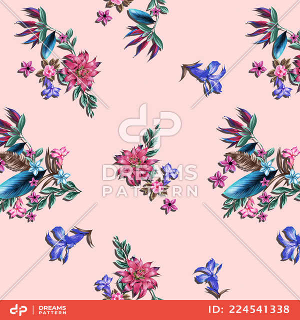 Seamless Flowers and Leaves Design on Colored Background, Ready for Textile Prints.