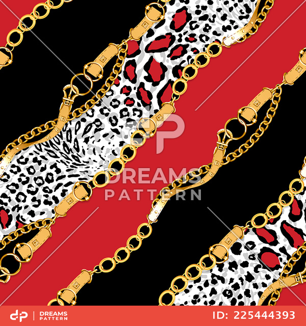 Seamless Pattern of Diagonal Golden Chains and Belts. Animal Skin Design for Textile Prints.